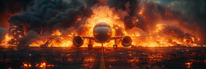 Illustrations of a burning passenger plane on a runway, depicting plane crash scenarios