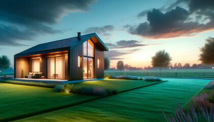 Modern house with illuminated interior at sunset, tranquil rural landscape in the background,...