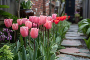 tulips in the garden - obrazy, fototapety, plakaty
