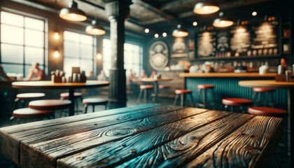 Coffeehouse interior with focus on wooden table, soft bokeh background, concept of urban dining. Generative AI