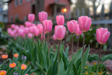 pink tulips in spring - obrazy, fototapety, plakaty