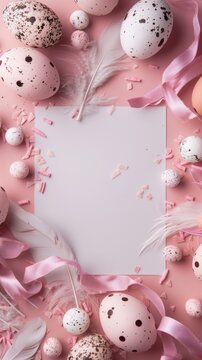 Easter-themed image with speckled eggs, pink ribbons, and copyspace