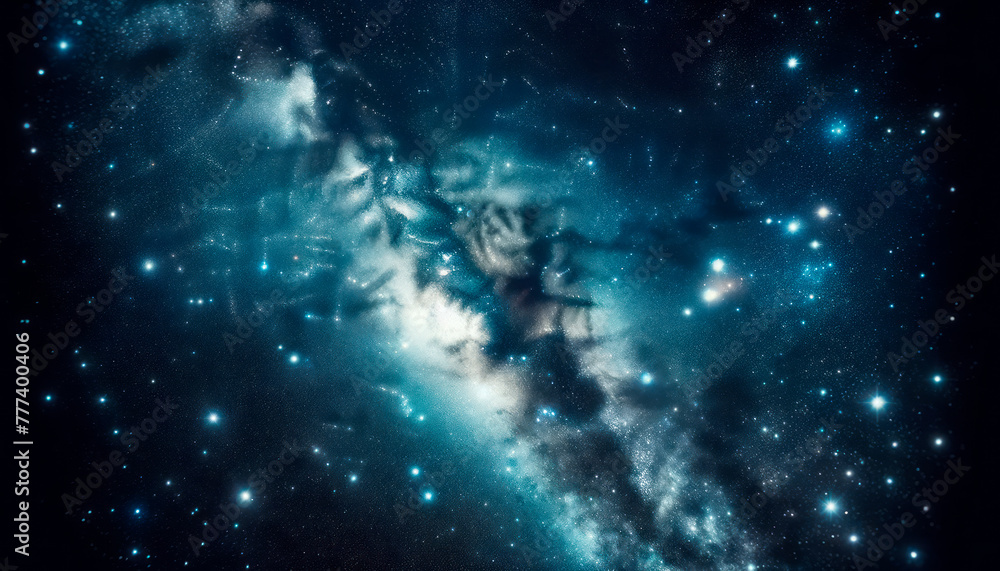 Poster a vast starfield with luminous stars and nebula formations, over a dark cosmic background, expressin