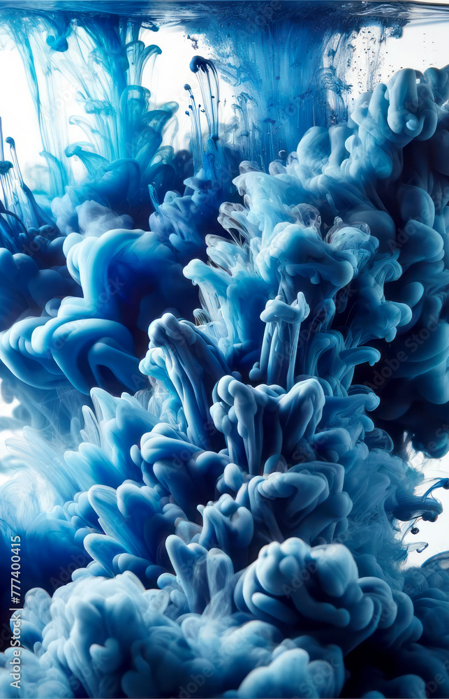 Poster blue ink swirls in water creating an abstract formation, against a white background, encapsulating a