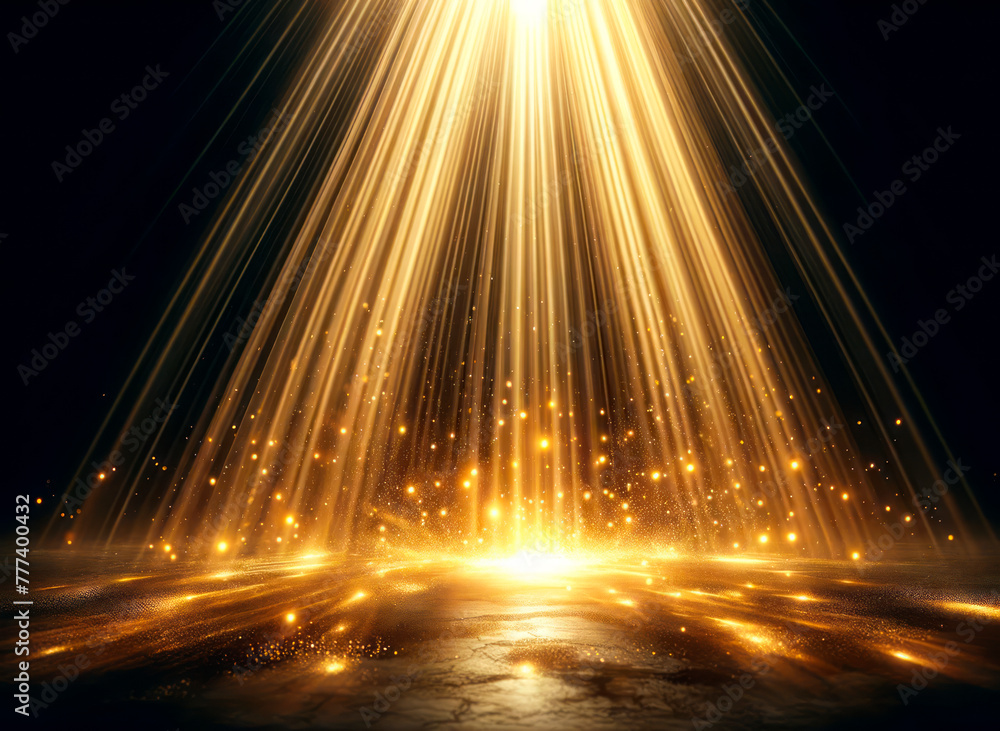 Poster Brilliant beams of light with sparkling particles on a dark background, conveying a concept of magical illumination. Generative AI