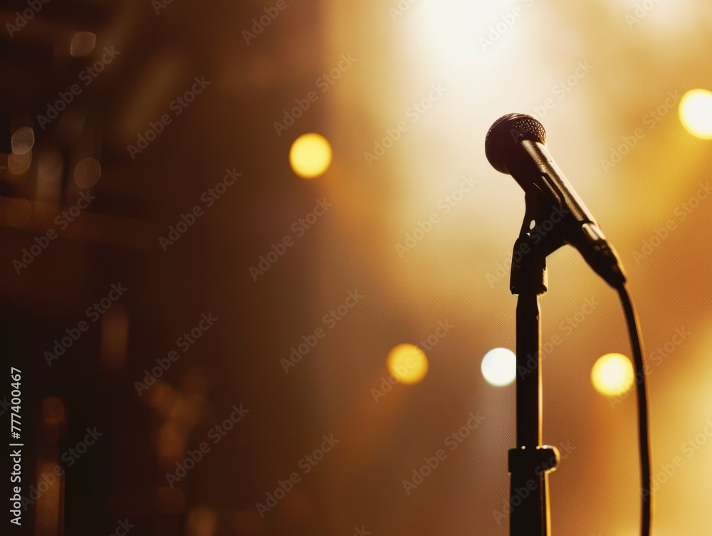 Poster a single microphone on a stand against a warm stage light background, embodying the concept of perfo