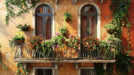 Fototapeta na wymiar Balcony with flowers and green plants on rustic wall.
