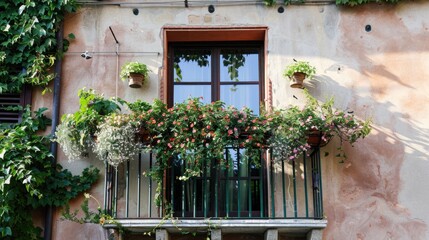 Balcony with flowers and green plants on rustic wall.