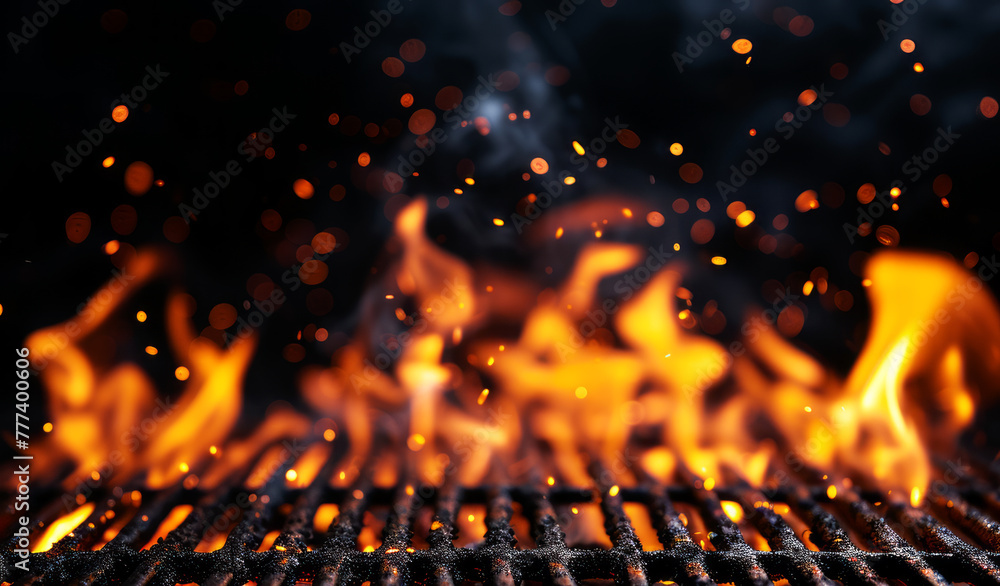 Poster flames engulfing a grill grate with a bokeh effect, set against a dark background, depicting the con