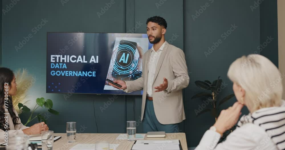 Poster man, speaker and screen with presentation in meeting, ethics and strategy for data protection in ai.