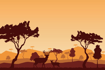 Fototapeta na wymiar Safari animals silhouette at sunset, vector