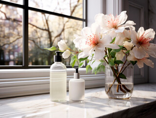 Bathroom products beside flowers on a marble surface, with a window view in natural light, concept of home spa. Generative AI
