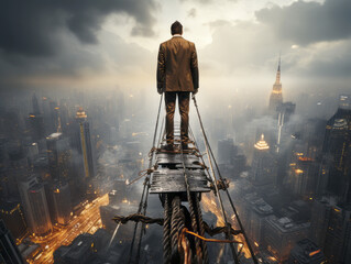 A man standing on a high ledge overlooking a cityscape at twilight, misty atmosphere, concept of...