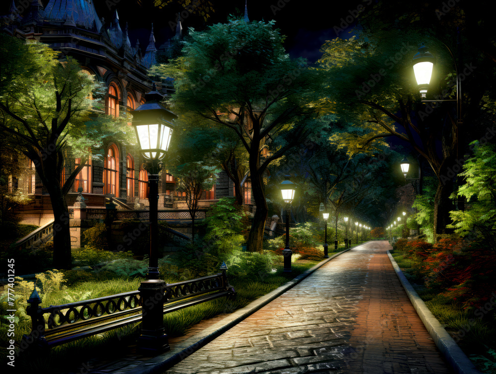 Poster an illuminated pathway lined with street lamps near a gothic-style building amidst trees at night, d