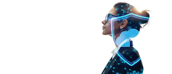 Woman with futuristic digital graphics overlay, white background, concept of technology and innovation. Generative AI