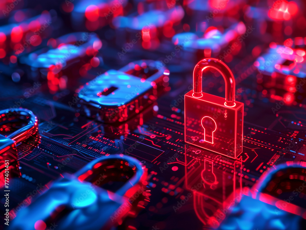 Poster a glowing red padlock on a futuristic cyber security concept background, dark with blue highlights, 