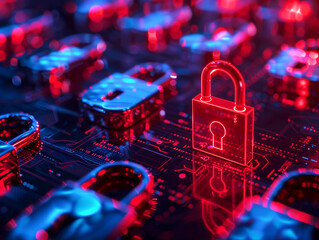 A glowing red padlock on a futuristic cyber security concept background, dark with blue highlights, Generative AI. Generative AI