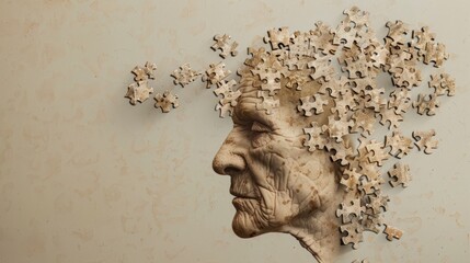 Human head made of disintegrating puzzle pieces, symbolizing the fragmentation of memory and identity in Alzheimers disease - 777401490
