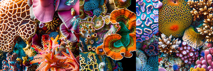 Eine Collage aus unter Wasser Welt, Pilzen und Organismen Elementen.
