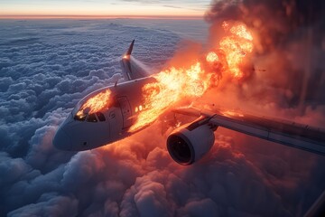 Naklejka na ściany i meble Plane engulfed in fire mid-air: signifying aerial emergency and evacuation.