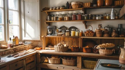 A cozy farmhouse kitchen with homemade preserves and fresh bread on the counter