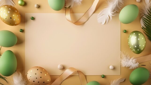 Easter holiday background with eggs, feathers, and ribbon around a blank card
