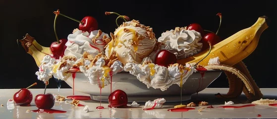 Fotobehang A hyperrealistic oil painting of a banana split dessert with every detail of the ice cream © AI Farm