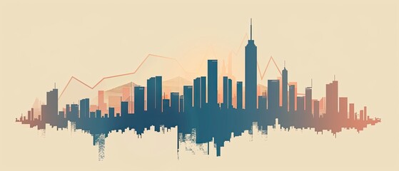 A minimalist graphic of upward trending financial charts merging into a city skyline