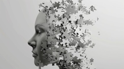 Human head made of puzzle pieces falling apart, representing the disintegration of identity and the fragility of the mind