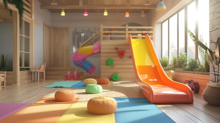 a captivating representation of a modern indoor play zone for kids, with a focus on a colorful...