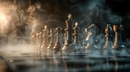 Chess figures on a dark background with smoke and fog. Epic chess game illustration. Chess game concept. Chess pieces on a chessboard, blurred background