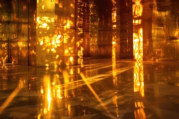 A reflective gold mirror surface creating a mesmerizing and infinite view of golden light