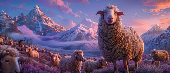 Sheep with jewel-toned wool in a majestic mountainous landscape at dusk - obrazy, fototapety, plakaty
