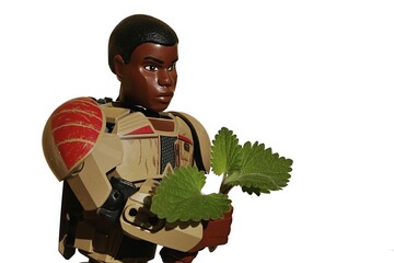 Naklejka premium LEGO Star Wars large action figure of rebel and former stormtrooper, Force sensitive Finn, examining fresh spring leaves of Catnip plant, latin name Nepeta Cataria, in his left hand. 