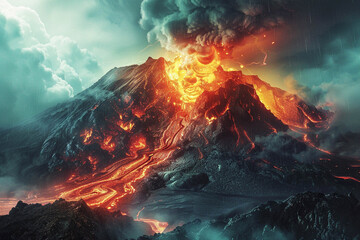 Fantastic image of a volcanic eruption, natural disaster, - obrazy, fototapety, plakaty