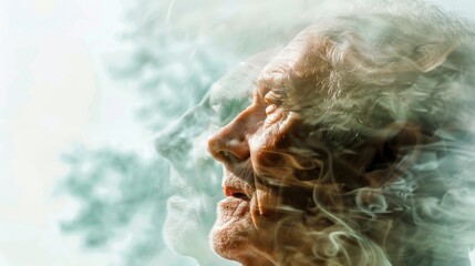 Elderly face fading away into mist and smoke progressive loss of memory and identity associated with Alzheimers disease - 777403007