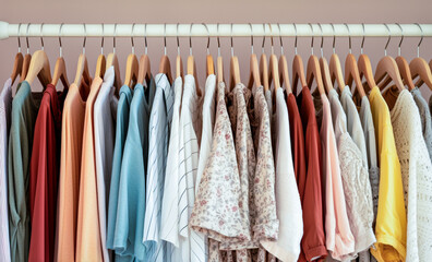 Zbliżenie na równy rząd kolorowych, lekkich, letnich ubrań wiszących na drewnianych wieszakach w domowej szafie, w sklepie. Koncepcja handlu, kolekcjonowania odzieży.