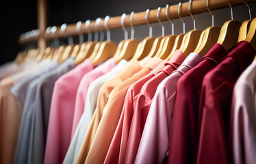 Zbliżenie na równy rząd kolorowych, lekkich, letnich ubrań wiszących na drewnianych wieszakach w domowej szafie, w sklepie. Koncepcja handlu, kolekcjonowania odzieży.