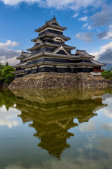 Ancient Japanese castle reflected in its moat with a blue sky behind (Matsumoto)