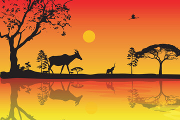 Silhouettes of African animals on the background of the multifaceted landscape of the evening savanna. Cartoon vector graphics.