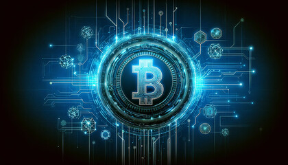 cutting-edge representation of a Bitcoin within a dynamic, digital network core, encircled by circuitry and geometric algorithms that epitomize the power and complexity of blockchain technology