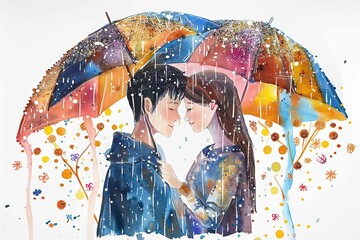 A loving couple sharing a moment under the rain, their laughter echoing like a beautiful melody on white background