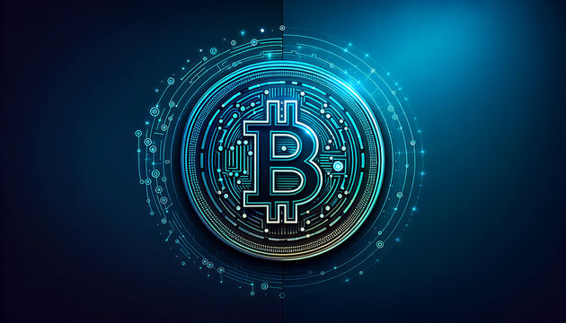 This striking image captures a high-tech vision of Bitcoin, the pioneering cryptocurrency. A luminescent BTC symbol stands at the core of a complex digital interface