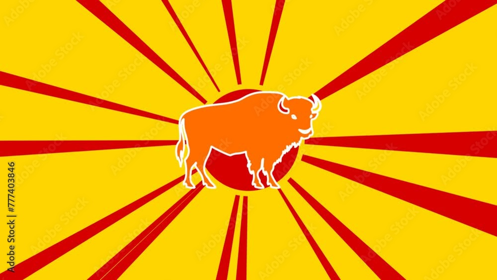 Poster buffalo symbol on the background of animation from moving rays of the sun. large orange symbol incre