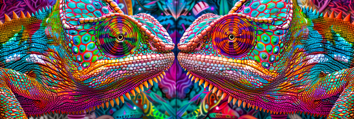 Bunte Chameleons auf neon bunten Hintergrund.