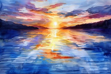 A sparkling lake at sunset, painted with watercolors background