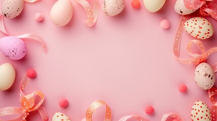 Easter eggs with decorative ribbons and pom poms on a pink background.