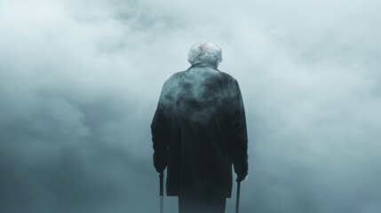 Elderly man standing alone in fog symbolizing the profound loneliness and isolation that can accompany Alzheimers disease - obrazy, fototapety, plakaty