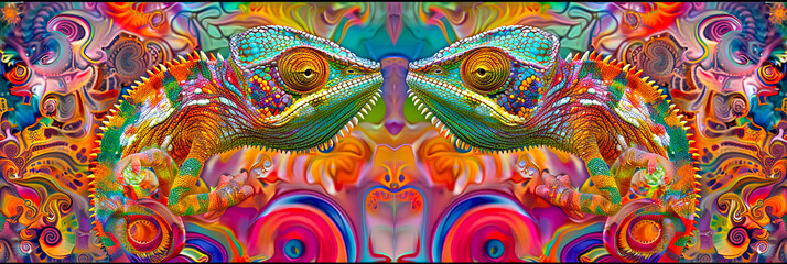 Fototapeta premium Bunte Chameleons auf neon bunten Hintergrund.