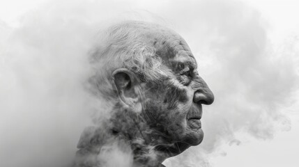 Elderly man standing alone in fog symbolizing the profound loneliness and isolation that can accompany Alzheimers disease - 777404240